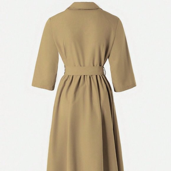 Apricot Elegant Women's Lady Solid Color Button Front Half Placket Waist Cinched - Picture 3 of 5